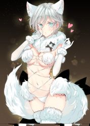 Rule 34 | 1girl, anastasia (idolmaster), animal ear fluff, animal ears, aqua eyes, blush, breasts, commentary request, cosplay, elbow gloves, fate/grand order, fate (series), feet out of frame, fingernails, fur, fur collar, fur trim, gloves, grey hair, heart, highres, idolmaster, idolmaster cinderella girls, mash kyrielight, mash kyrielight (dangerous beast), mash kyrielight (dangerous beast) (cosplay), medium breasts, navel, official alternate costume, panties, parted lips, rum raisin (chihiromakita19), sharp fingernails, short hair, solo, star (sky), star (symbol), starry background, tail, thighhighs, underwear, white panties, white thighhighs