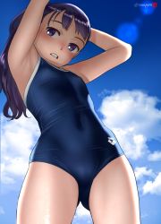 Rule 34 | 1girl, arena (company), armpits, arms up, blue sky, breasts, cloud, competition school swimsuit, covered navel, cowboy shot, from below, gluteal fold, groin, highres, long hair, looking at viewer, mu-pyon, one-piece swimsuit, open mouth, original, outdoors, purple eyes, purple hair, school swimsuit, sky, small breasts, solo, swimsuit
