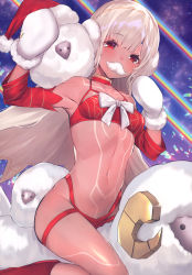 Rule 34 | 1girl, absurdres, altera (fate), altera the santa (fate), armpits, bare shoulders, boots, dark-skinned female, dark skin, detached sleeves, earmuffs, fake facial hair, fake mustache, fate/grand order, fate (series), highres, holding, long sleeves, looking at viewer, mittens, navel, red eyes, revealing clothes, riding, sheep, short hair, solo, suzuho hotaru, thighs, veil, white hair, white mittens