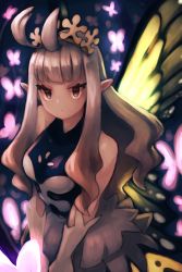 Rule 34 | 1girl, anne (bravely second), antenna hair, bare shoulders, bravely default (series), bravely second: end layer, brown eyes, butterfly wings, closed mouth, cowboy shot, crown, gloves, grey hair, highres, insect wings, jitome, long hair, looking at viewer, okame nin, pointy ears, solo, white gloves, wings