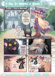 Rule 34 | 1girl, absurdres, bag, black cat, blonde hair, brown footwear, cape, castle, cat, character name, comic, commentary, company name, english commentary, english text, full body, gloves, hair between eyes, hat, hat ribbon, highres, holding, holding staff, holding weapon, little witch nobeta, long hair, looking at viewer, monster, multiple views, nobeta, official art, phyllis (cat) (little witch nobeta), phyllis (little witch nobeta), profile, purple cape, purple thighhighs, red eyes, ribbon, running, shoulder bag, sidelocks, speech bubble, staff, straight hair, tama yu, thighhighs, title, tree, walking, weapon, white gloves, witch, witch hat