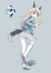 Rule 34 | 1girl, animal ears, ass, blue eyes, blue jacket, blush, boots, card, closed mouth, commentary, dog ears, dog tail, eila ilmatar juutilainen, emblem, from behind, frown, full body, grey background, grey hair, highres, holding, holding card, jacket, kk90, leaning forward, long hair, long sleeves, looking at viewer, looking back, no pants, panties, panties under pantyhose, pantyhose, shadow, simple background, solo, standing, standing on one leg, strike witches, tail, underwear, white footwear, white pantyhose, world witches series