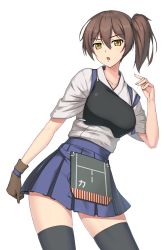 Rule 34 | 1girl, bad id, bad pixiv id, black thighhighs, blue skirt, blush, breasts, brown gloves, brown hair, collarbone, ghound, gloves, highres, kaga (kancolle), kantai collection, large breasts, looking at viewer, parted lips, short hair, short ponytail, short sleeves, side ponytail, simple background, skirt, solo, thighhighs, white background, yellow eyes