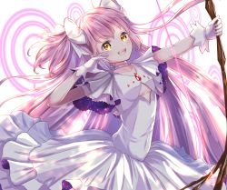 Rule 34 | 1girl, absurdly long hair, arched back, backlighting, blush, bow (weapon), breasts, bubble skirt, choker, cleavage cutout, clothing cutout, collarbone, drawing bow, dress, frilled dress, frills, gem, gloves, hair ribbon, highres, holding, holding bow (weapon), holding weapon, kaname madoka, leaning back, long hair, looking at viewer, looking to the side, magic circle, mahou shoujo madoka magica, mahou shoujo madoka magica (anime), open mouth, outstretched arm, pink hair, pleated dress, ribbon, shadow, simple background, skirt, small breasts, smile, solo, space, sunlight, tareme, tight clothes, tight dress, two side up, ukiukikiwi2525, ultimate madoka, very long hair, weapon, white background, white choker, white dress, white gloves, white ribbon, yellow eyes