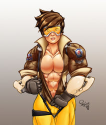 Rule 34 | 1girl, abs, highres, looking at viewer, muscular, muscular arms, muscular female, pussy, tracer (overwatch)