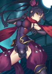 Rule 34 | 1girl, bad id, bad pixiv id, black gloves, black hair, breasts, closed mouth, commentary request, crotchless, crotchless pants, elbow gloves, fate/grand order, fate (series), full moon, gloves, hand up, head tilt, high ponytail, impossible clothes, impossible leotard, katou danzou (fate), kuji-in, large breasts, leotard, long hair, looking at viewer, moon, night, night sky, outdoors, pants, parted bangs, ponytail, puffy pants, purple leotard, purple pants, red scarf, ryuinu, scarf, sky, solo, v-shaped eyebrows, very long hair, yellow eyes