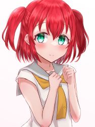 Rule 34 | 1girl, absurdres, aqua eyes, artist name, artist request, bare shoulders, blush, breasts, close-up, collarbone, female focus, green eyes, grey sailor collar, hair between eyes, highres, kurosawa ruby, long hair, looking at viewer, love live!, love live! sunshine!!, neckerchief, necktie, nehari (nehariman), orange neckerchief, parted lips, red hair, sailor collar, school uniform, shirt, short hair, small breasts, smile, solo, tie clip, twintails, two side up, upper body, uranohoshi school uniform, white background, white shirt