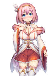 Rule 34 | 1girl, absurdres, bare shoulders, blue eyes, blush, boots, breasts, cleavage, closed mouth, collarbone, hair between eyes, hairband, highres, large breasts, long sleeves, looking at viewer, pink hair, princess connect!, red skirt, sakimori dan, short hair, simple background, skirt, smile, solo, thigh boots, thighhighs, thighhighs under boots, white background, white footwear, wide sleeves, yui (princess connect!)