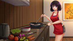 Rule 34 | 1girl, :d, apron, bare shoulders, bishoujo senshi sailor moon, blue tube top, blush, breasts, cleavage, commentary, cooking, cowboy shot, crop top, english commentary, from side, hands up, happy, highres, hip focus, indoors, kazenokaze, looking at viewer, looking back, medium breasts, medium hair, midriff peek, open mouth, purple eyes, purple hair, red apron, smile, solo, strapless, teeth, thighs, tomoe hotaru, tube top, upper teeth only