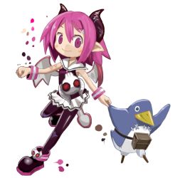 Rule 34 | 1girl, blush stickers, clenched hand, disgaea, fang, fang out, holding hands, horns, makai senki disgaea 3, pantyhose, pink eyes, pink hair, poponaref, prinny, raspberyl, sailor collar, skirt, smile, tail, white sailor collar, wristband