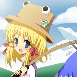 Rule 34 | 2girls, bad id, bad pixiv id, blonde hair, bound, carrying, cirno, frog, hat, looking at viewer, lowres, moorina, moriya suwako, multiple girls, open mouth, pyonta, ribbon, rope, smile, sticker, tied up (nonsexual), touhou, wings