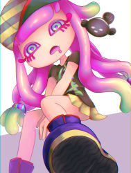 Rule 34 | 1girl, aqua hair, baseball cap, between legs, chromatic aberration, colored eyelashes, drooling, fish, frown, gradient hair, hand between legs, harmony&#039;s clownfish (splatoon), harmony (splatoon), hat, head tilt, highres, long hair, looking at viewer, miniskirt, multicolored eyes, multicolored hair, nintendo, no eyebrows, no nose, open mouth, pink hair, pleated skirt, purple footwear, purple pupils, ricco (pixiv74946264), shirt, shoes, short sleeves, sideways hat, sitting, skirt, solo, splatoon (series), splatoon 3, striped clothes, striped headwear, tentacle hair, v arms, yellow skirt