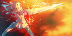 Rule 34 | 1girl, bad id, bad pixiv id, charging, energy, energy ring, facing viewer, fingernails, fire, floating, floating object, floating red sphere, highres, holding, holding sword, holding weapon, jacket, ladic, long hair, looking to the side, miniskirt, original, red eyes, skirt, solo, stance, sword, thighhighs, torn clothes, torn thighhighs, weapon