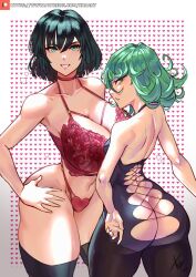 Rule 34 | 2girls, ass, breasts, butt crack, choker, curvy, female focus, fubuki (one-punch man), green eyes, green hair, hand on own hip, heart, highres, huge ass, large breasts, lingerie, looking at viewer, matching hair/eyes, multiple girls, one-punch man, patreon logo, patreon username, short hair, siblings, sisters, small breasts, tatsumaki, thick thighs, thighhighs, thighs, underwear, watermark, web address, wide hips, xhaart