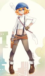 Rule 34 | 10s, 1girl, artist name, belt, blonde hair, blue eyes, boots, breasts, brown gloves, cabbie hat, call (red ash), crop top, dark skin, dark-skinned female, full body, gloves, gun, handgun, hat, holster, midriff, multiple belts, navel, pants, pigeon-toed, pistol, red ash, shirt, short hair, small breasts, smile, solo, striped, striped background, suspenders, weapon, white shirt, yamo, yamo (sky2world)