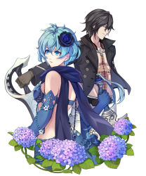 Rule 34 | 1boy, 1girl, bare shoulders, belt, black hair, blue eyes, blue flower, blue gloves, blue hair, blue rose, blue scarf, book, breasts, brown gloves, buttons, cent (drag-on dragoon), coat, drag-on dragoon, drag-on dragoon 3, elbow gloves, flower, gloves, groin, hair between eyes, hair flower, hair ornament, holding, holding sword, holding weapon, hydrangea, jacket, kllsiren, long sleeves, looking afar, looking down, open book, outstretched arm, pants, parted lips, profile, roman numeral, rose, scarf, short hair, sideboob, simple background, smile, sword, two (drag-on dragoon), unbuttoned, weapon, white background, white pants