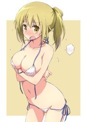 Rule 34 | 1girl, :o, bikini, blonde hair, blush, breasts, cleavage, collarbone, commentary request, covered erect nipples, cowboy shot, crossed arms, embarrassed, flying sweatdrops, groin, hair tie, halterneck, ichii yui, large breasts, long hair, looking at viewer, mel (melty pot), navel, nose blush, open mouth, ponytail, side-tie bikini bottom, sidelocks, solo, speech bubble, spoken blush, standing, stomach, string bikini, sweat, swimsuit, two-tone background, untied bikini, white bikini, yellow eyes, yuyushiki