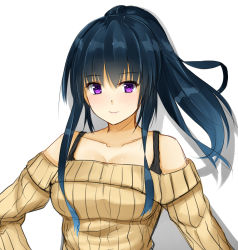 Rule 34 | 1girl, bare shoulders, blue hair, blush, breasts, cleavage, collarbone, ffmania7, isshiki (ffmania7), large breasts, long hair, long sleeves, looking at viewer, off-shoulder, off-shoulder sweater, off shoulder, original, ponytail, purple eyes, ribbed sweater, silhouette, smile, solo, standing, sweater, white background
