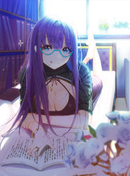 Rule 34 | 1girl, :p, bad id, bad pixiv id, bangle, barefoot, blue eyes, blurry, book, bracelet, breasts, cleavage, depth of field, flower, glasses, jewelry, large breasts, legs up, long hair, looking at viewer, lying, mingou91, mole, mole on breast, mole under mouth, nail polish, on stomach, original, purple hair, ring, semi-rimless eyewear, solo, the pose, tongue, tongue out