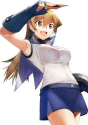 Rule 34 | 1girl, :d, arm up, armpits, bad id, bad twitter id, blue gloves, blue skirt, breasts, brown eyes, brown hair, card, cowboy shot, duel academy uniform (yu-gi-oh! gx), fingerless gloves, gloves, highres, holding, holding card, long hair, medium breasts, open mouth, rourou ill, simple background, skirt, sleeveless, smile, solo, tenjouin asuka, white background, yu-gi-oh!, yu-gi-oh! gx