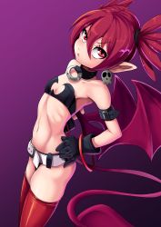 Rule 34 | 1girl, armlet, ass, bare shoulders, belt, black gloves, bracelet, breasts, choker, cleavage, demon girl, demon tail, demon wings, disgaea, earrings, etna (disgaea), flat chest, gloves, gradient background, hair between eyes, hands on own hips, highres, jewelry, looking up, makai senki disgaea, matching hair/eyes, midriff, navel, nico-mo, parted lips, pointy ears, purple background, red eyes, red hair, red thighhighs, ribs, skull earrings, slit pupils, solo, strapless, tail, thighhighs, thighs, tube top, twintails, wings