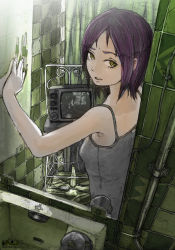 Rule 34 | 1girl, crt, highres, inukoko, mirror, open mouth, original, purple hair, reflection, short hair, sink, solo, television, yellow eyes