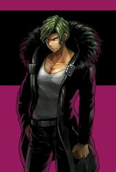 Rule 34 | 1boy, arm at side, belt, black coat, black pants, closed mouth, coat, collarbone, commentary request, cowboy shot, danganronpa (series), danganronpa 3 (anime), fur-trimmed jacket, fur trim, green hair, hand on own hip, hands in pockets, jacket, long sleeves, looking at viewer, male focus, open clothes, pants, pectoral cleavage, pectorals, pink background, purple eyes, sakakura juuzou, shirt, shirt tucked in, short hair, solo, standing, white shirt, youko-shima