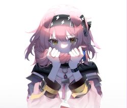 Rule 34 | 1girl, animal ears, arknights, black bow, black hairband, bow, braid, brown eyes, cat ears, collar, crying, crying with eyes open, goldenglow (arknights), hair bow, hairband, highres, holding, holding own hair, jacket, lightning bolt print, long hair, long sleeves, looking at viewer, open clothes, open jacket, pink jacket, shirt, simple background, single braid, solo, tears, upper body, white background, white shirt