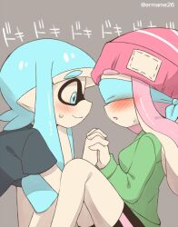 Rule 34 | 2girls, bare arms, bare legs, beanie, bike shorts, black shirt, blindfold, blue eyes, blue hair, blush, breasts, closed mouth, eromame, feet out of frame, from side, green jacket, hat, holding, holding hands, hood, hoodie, inkling, inkling girl, inkling player character, jacket, legs, looking at another, medium breasts, multiple girls, nintendo, nose, pointy ears, profile, shirt, short sleeves, shorts, sitting, smile, splatoon (series), splatoon 1, sweatdrop, tareme, tentacle hair, thick eyebrows, twitter username, yuri