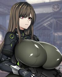 Rule 34 | 1girl, alternate breast size, armor, armored bodysuit, armored gloves, bodysuit, breasts, brown hair, commentary, commentary request, covered erect nipples, dekapaiyukari, goddess of victory: nikke, gun, holding, holding gun, holding weapon, huge breasts, impossible bodysuit, impossible clothes, long hair, looking ahead, mass-produced nikke, mecha musume, numbered, red eyes, shiny clothes, shoulder armor, solo, standing, swept bangs, weapon