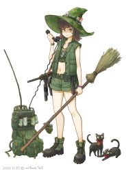 Rule 34 | 1girl, ace (playing card), ace of spades, backpack, bag, boots, broom, brown eyes, brown hair, camouflage, card, cat, cigarette pack, combat boots, combat knife, dated, dog tags, explosive, green hat, green jacket, green shirt, green shorts, grenade, gun, gun sling, hat, highres, holding, holding broom, jacket, jewelry, jungle style, knife, m18 grenade, m26 (frag grenade), m3 submachine gun, midriff, mifune ( mifune 707), military, military uniform, necklace, original, playing card, product placement, radio, shirt, shorts, smile, smoke grenade, solo, spade (shape), submachine gun, thighs, twitter username, uniform, unworn backpack, unworn bag, vietnam war, weapon, white background, witch
