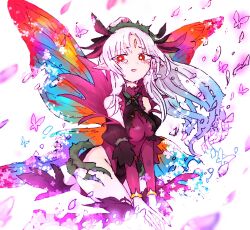 Rule 34 | 1girl, butterfly wings, crown of thorns, dhjfs999, facial mark, fairy wings, fire emblem, fire emblem heroes, forehead mark, grey hair, hair vines, highres, insect wings, nintendo, open mouth, plant, plant hair, plumeria (fire emblem), pointy ears, red eyes, thorns, wings