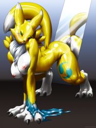 Rule 34 | all fours, ass, blue eyes, blush, breasts, digimon, digimon (creature), fox, furry, highres, kemono inukai, large breasts, licking, nipples, pussy, reflection, renamon, tail, toned, tongue