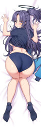 Rule 34 | 1girl, all fours, areola slip, ariso kaoru, ass, black footwear, blue archive, blue jacket, blush, breasts, closed mouth, clothes lift, dakimakura (medium), full body, hair intakes, halo, high ponytail, highres, jacket, knees together feet apart, lanyard, large breasts, long hair, long sleeves, looking at viewer, looking back, lying, no bra, official alternate costume, on back, open clothes, open jacket, parted bangs, raised eyebrows, shirt lift, shoes, solo, star (symbol), sweat, thighs, track jacket, trefoil, yuuka (blue archive), yuuka (track) (blue archive)