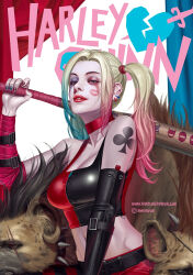 Rule 34 | 1girl, bare shoulders, blonde hair, breasts, colored eyelashes, commentary, dc comics, detached sleeves, english commentary, gloves, harley quinn, hyena, in-hyuk lee, lipstick, long hair, looking at viewer, makeup, medium breasts, nail polish, official art, pink hair, ponytail, solo, swimsuit, upper body