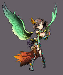 Rule 34 | 1girl, armor, black hair, blue eyes, breasts, cleavage, cleavage cutout, clothing cutout, detached wings, earrings, faulds, feathered wings, feathers, female focus, full body, headband, jewelry, large breasts, long hair, original, simple background, single thighhigh, solo, steward b, thighhighs, wings