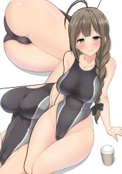 Rule 34 | 1girl, ahoge, arm support, ass, black one-piece swimsuit, braid, breasts, brown eyes, brown hair, collarbone, commentary request, competition swimsuit, cowboy shot, hair over shoulder, idolmaster, idolmaster shiny colors, impossible clothes, impossible swimsuit, kuwayama chiyuki, kyokutou hentai samurai, large breasts, long hair, looking at viewer, multiple views, one-piece swimsuit, sitting, swimsuit, tumbler, white background