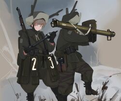 Rule 34 | 2girls, absurdres, antlers, bolt action, boots, brown eyes, brown footwear, brown hair, closed mouth, fake antlers, fur hat, green jacket, green pants, gun, hat, highres, holding, horns, jacket, load bearing vest, looking at viewer, mauser 98, multiple girls, original, pants, panzerschreck, polilla, pouch, rifle, rocket launcher, short hair, snow, weapon