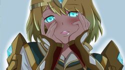Rule 34 | 1girl, absurdres, armor, blonde hair, blue eyes, fire emblem, fire emblem heroes, fjorm (fire emblem), gauntlets, hands on own cheeks, hands on own face, highres, looking at viewer, nintendo, parted lips, short hair, shoulder armor, smile, solo, tiara, upper body, yandere, zipperqr