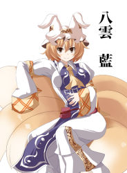 Rule 34 | 1girl, animal ears, be (o-hoho), blonde hair, breasts, brown eyes, character name, female focus, fox tail, hat, large breasts, long sleeves, multiple tails, sitting, smile, solo, tail, touhou, yakumo ran
