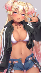 Rule 34 | 1girl, :d, bikini, black jacket, blonde hair, breasts, cleavage, collarbone, commentary request, cowboy shot, cropped jacket, dark skin, dark-skinned female, exposed pocket, fang, gradient hair, grey background, hand up, highleg, highleg bikini, highres, hood, hood down, hooded jacket, iona (trente), jacket, large breasts, long hair, long sleeves, looking at viewer, multicolored hair, navel, open clothes, open fly, open jacket, open mouth, original, pink eyes, pink hair, short shorts, shorts, smile, solo, stomach, swimsuit, torn clothes, torn shorts, trente, two side up, very long hair, white bikini