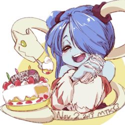 Rule 34 | 1girl, birthday, birthday cake, blue hair, blue skin, blush, cake, colored skin, detached sleeves, closed eyes, food, highres, leviathan (skullgirls), mtk hoshi, open mouth, own hands clasped, side ponytail, skeletal arm, skullgirls, smile, solo, squigly (skullgirls), stitched mouth, stitches, striped sleeves, upper body