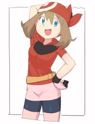 Rule 34 | 1girl, bandana, bike shorts, blue eyes, breasts, brown hair, commentary, creatures (company), game freak, gloves, long hair, looking at viewer, may (pokemon), nintendo, nyonn24, open mouth, pokemon, pokemon rse, shorts, shorts under skirt, simple background, smile, solo, white background