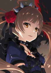 Rule 34 | 1girl, ahoge, black dress, black gloves, black ribbon, blue dress, breasts, brown background, brown hair, chest harness, choker, commentary request, crossed arms, dress, elbow gloves, flower, frilled dress, frills, gem, gloves, goma konbu, hair flower, hair ornament, hair ribbon, hairband, hakozaki serika, harness, highres, idolmaster, idolmaster million live!, jewelry, light particles, long hair, looking at viewer, looking to the side, monster, necklace, o-ring strap, open mouth, orange eyes, pendant, puffy short sleeves, puffy sleeves, raised eyebrow, red flower, red gemstone, red rose, ribbon, rose, scowl, short sleeves, sideways glance, small breasts, solo focus, spiked choker, spiked hairband, spikes, square neckline, thick eyelashes, three quarter view, twintails, two-tone dress, upper body, very long hair