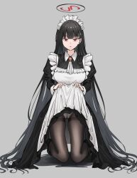 Rule 34 | 1girl, absurdres, apron, black pantyhose, blue archive, blunt bangs, brooch, clothes lift, dress, dress lift, frilled apron, frills, full body, grey background, halo, high heels, highres, jewelry, kneeling, long hair, looking at viewer, maid, maid headdress, panties, pantyhose, red eyes, rio (blue archive), solo, tinkie, underwear, very long hair, white apron