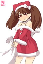 Rule 34 | 1girl, alternate costume, animal hat, artist logo, blush, brown eyes, brown hair, cat hat, cat tail, commentary request, cowboy shot, dated, dress, drill hair, fur-trimmed dress, fur trim, hat, highres, kanon (kurogane knights), kantai collection, long hair, looking at viewer, off-shoulder dress, off shoulder, red dress, red hat, ryuujou (kancolle), simple background, solo, tail, twin drills, white background