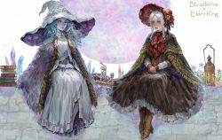 Rule 34 | 2girls, bloodborne, blue hair, blue skin, bonnet, book, book stack, boots, cloak, colored skin, copyright name, crossover, crystal, dress, elden ring, extra arms, extra faces, flower, from software, fur cloak, grey hair, hat, high heels, highres, lantern, looking at viewer, messengers (bloodborne), moon, multiple girls, oreki genya, own hands together, plain doll, poncho, ranni the witch, sitting, witch hat
