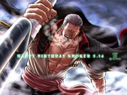 Rule 34 | 1boy, abs, bara, beard, character name, cigar, dated, english text, facial hair, glowing, glowing eyes, happy birthday, holding, holding weapon, kokorozashi, large pectorals, looking at viewer, male focus, manly, muscular, one piece, pants, pectorals, smoke, smoker (one piece), smoking, solo, upper body, weapon