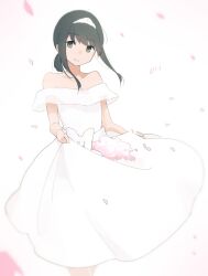 Rule 34 | 1girl, absurdres, bare shoulders, breasts, brown hair, collarbone, commentary, dress, falling petals, feet out of frame, floating hair, fubuki (kancolle), green eyes, hair between eyes, highres, kantai collection, long dress, looking at viewer, low ponytail, ma rukan, medium hair, official alternate costume, petals, pink petals, sidelocks, signature, simple background, skirt hold, sleeveless, sleeveless dress, small breasts, smile, solo, strapless, strapless dress, symbol-only commentary, tiara, white background, white dress