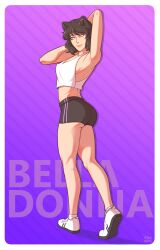 Rule 34 | 1girl, animal ears, arm over head, armpits, ass, bare legs, bare shoulders, black hair, blake belladonna, cat ears, crop top, gym, gym shirt, gym shorts, highres, kneepits, lipstick, looking to the side, makeup, navel, purple background, rwby, shirt, short hair, short shorts, shorts, white shirt, white sneakers, workout clothes, yellow eyes, yellow nicky